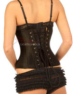 Side profile of black satin waist trainer corset showing hourglass silhouette