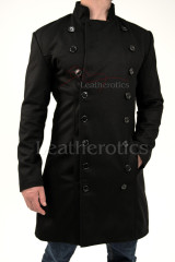 Men's Black Military Style Wool Coat Double Breasted Front