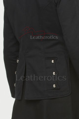 Back view of black cotton pleated kilt and Prince Charlie style jacket with tailored fit
