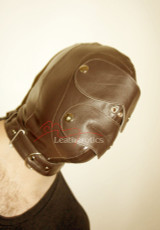 Leather hood close-up — snap eye panel and stitching detail