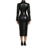 Women's Genuine Leather Belted Midi Dress with Puff Sleeves