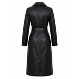 Women’s Long Black Genuine Leather Trench Coat with Belt - Back