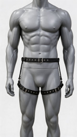 Men's leather thigh harness with adjustable waist belt and buckles – front view