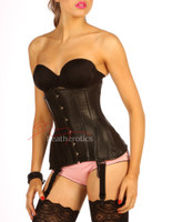 Longline Black Leather Under Bust Steel Boned Hipster Corset Front View
