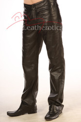 real leather men's dress trousers, Men’s black leather trousers front view — straight fit and zip fly