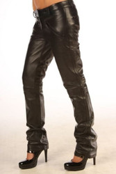 Side profile of women's soft nappa leather trousers with regular fit