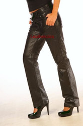 Side profile of black leather jeans with regular fit silhouette