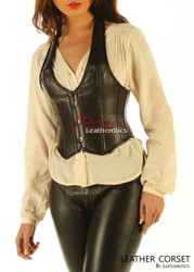 Women's steel boned leather waistcoat with Victorian-inspired design and structured support