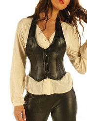 Front view of black leather waistcoat corset with steel busk closure and fitted vest design