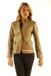 Ladies Tan Leather Blazer Jacket Classic Stylish Coat front view2
