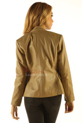 Ladies Tan Leather Blazer Jacket Classic Stylish Coat back view