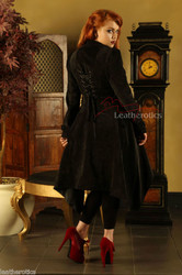 Back view of Victorian style jacket featuring adjustable corset lace-up back and flared design