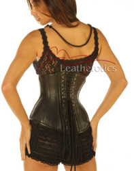 Black leather corset with strong steel boning for tight lacing and waist training. A durable, stylish piece for gothic, fetish, or burlesque fashion. Fat burner shapewear