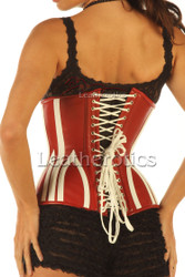 Detailed view of leather binding, reinforced boning channels and durable cotton lacing