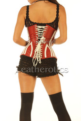 Back view of red and white leather corset featuring adjustable lace-up closure and modesty panel