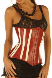 Front view of red and white leather underbust corset with steel busk closure and waist shaping