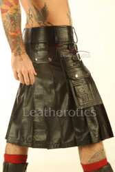 Side profile of men's wraparound leather kilt with pleated panels and double buckle closure