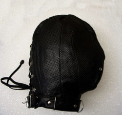 Black leather hood perforated gimp mask with laces on back pic 1