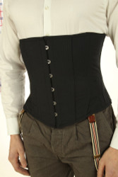 Front view of men's black underbust corset with steel busk closure and structured steel boning