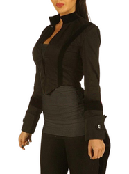 Side profile of black Victorian jacket with fitted waist and long tails