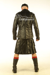 Back view of black leather Prince Charlie jacket with tailored fit