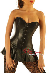 Front view of black leather skirted corset with fitted waspie and full steel boning