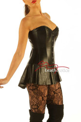Side profile of Victorian leather corset dress with attached leather skirt and hourglass silhouette