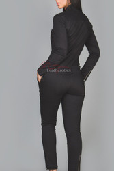 Back view of black full-length cotton jumpsuit with fitted design