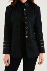 front profile of women's black cotton military style smart blazer