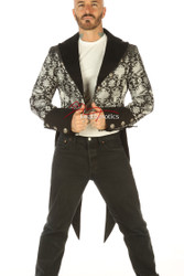 Men's Tailcoat Silver on Black Brocade - front view