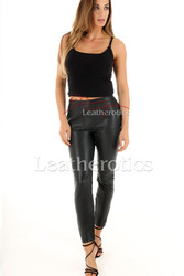 Ladies Skin tight High rise Perforated Leather Leggings - front 2