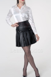 Black Leather pleated Mini skirt above knee length
