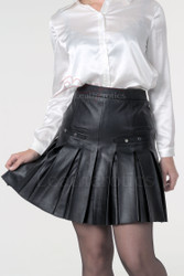 Black Leather pleated skirt Mini - Front View
