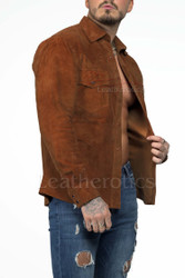 Model wearing suede Leather western Style shirt — casual styled look