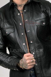 Leather Men's Shirt metal Snap buttons