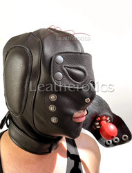 Premium black leather BDSM hood with lockable brass buckle and detachable eye mask