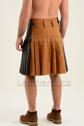 Leatherotics cowhide leather kilt men dark brown wrap around style tan pleated side”

“Leatherotics leather kilt dark brown premium cowhide back view adjustable buckles”

“Leatherotics made-to-measure cowhide leather kilt tan jeans pleats detail close-up”