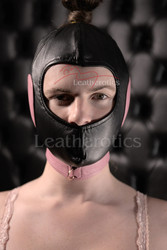 Black and pink leather silent play hood with lockable buckle collar and lace-up back closure