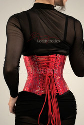 Back lace-up detail of red floral underbust corset