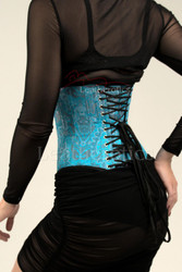 Back view of turquoise floral corset with lace-up fastening