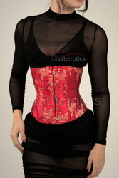 Front view of women's red floral underbust silk corset