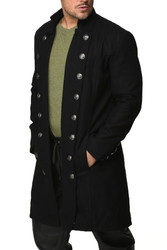 Double Breasted Military Men's Wool Coat Front View in Black