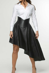 Front view of black asymmetric leather skirt with draped obi belt waistband and tailored fit