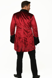 Stylish men’s red velvet gothic tailcoat with black velvet cuffs and trim, featuring ornate silver buttons. A perfect steampunk-inspired long jacket for cosplay, gothic fashion, or statement evening wear.