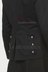 Back view of black cotton pleated kilt and Prince Charlie style jacket with tailored fit
