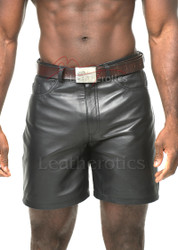 Men's Leather Shorts front zipper fly and button closure with belt loops