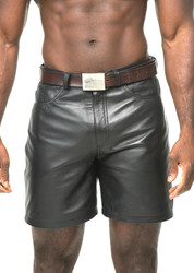 Men's Leather Shorts front zipper fly and button closure with belt loops