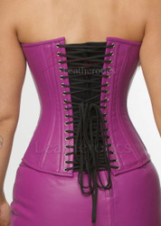 Rear view of the purple leather overbust corset showing the adjustable criss-cross back lacing over a matching leather modesty panel for waist reduction.