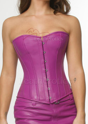 High-resolution detail of the premium purple goat nappa leather grain and precision stitching on a Victorian-style overbust leather corset.