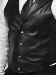 Close-up of leather waistcoat button-front and stitching detail, Slim matching leather tie detail